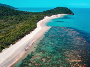 Image of a long white beach with coral and a hill covered in forest in the distance